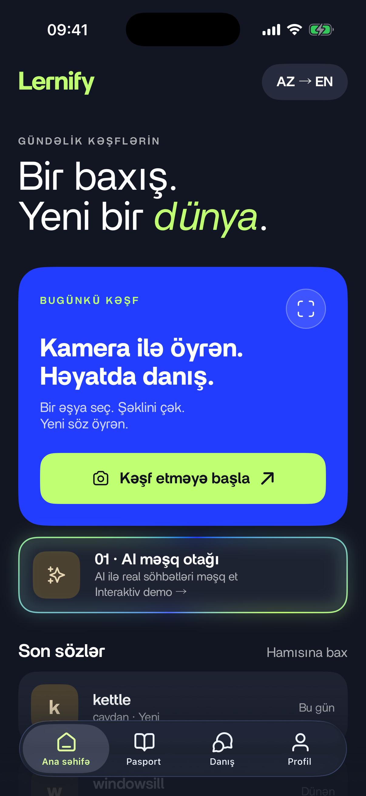 Lernify tətbiqinin əsas ekranı