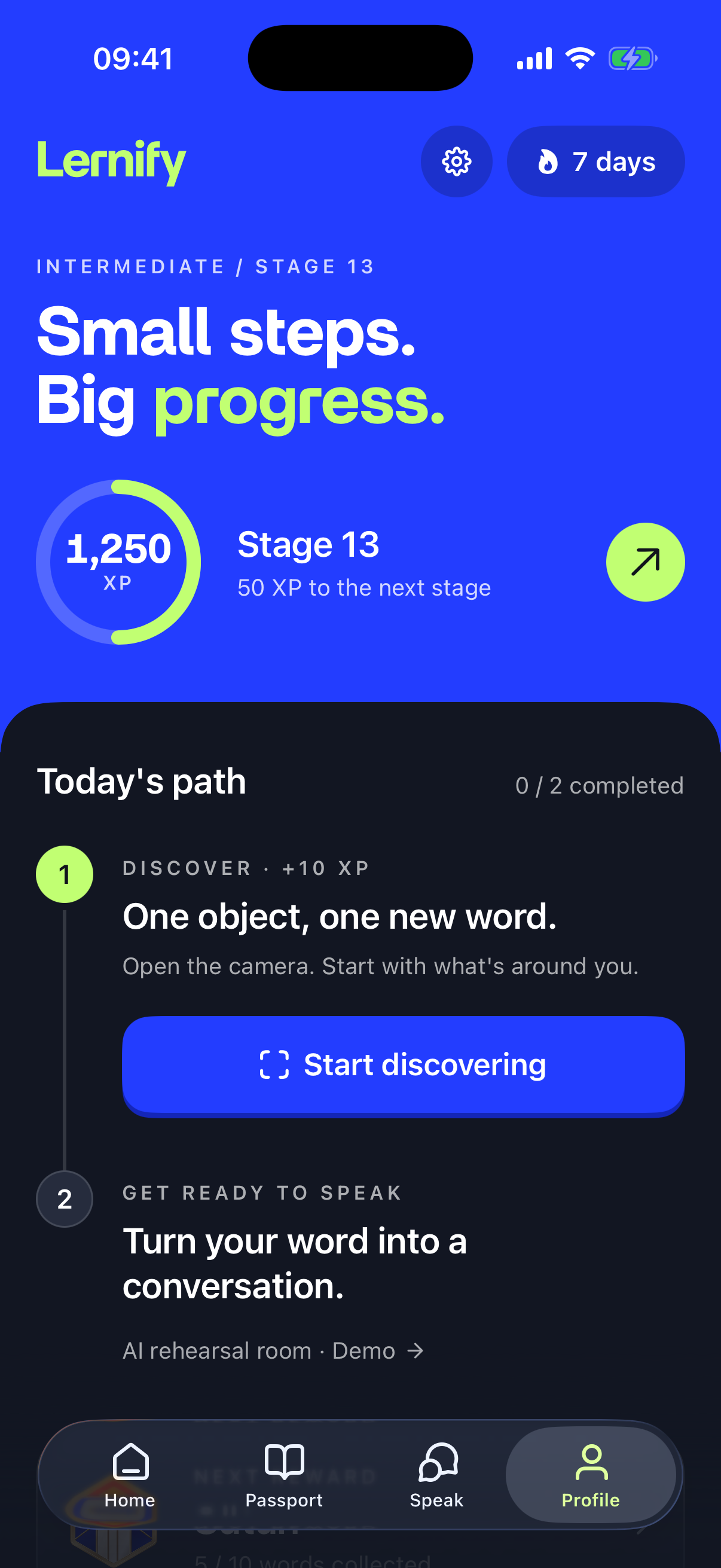 The profile and progress screen