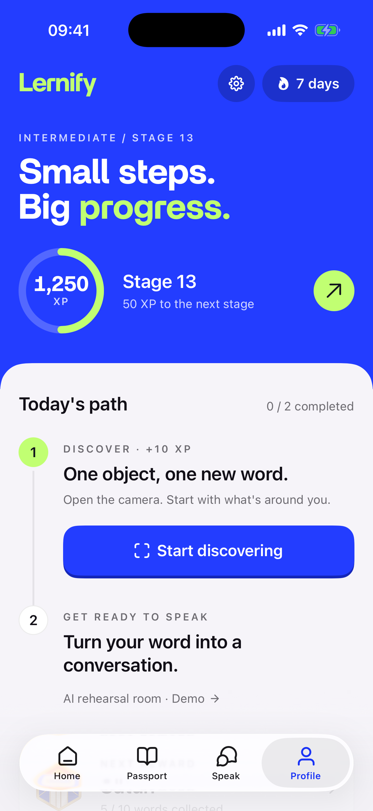 The profile and progress screen